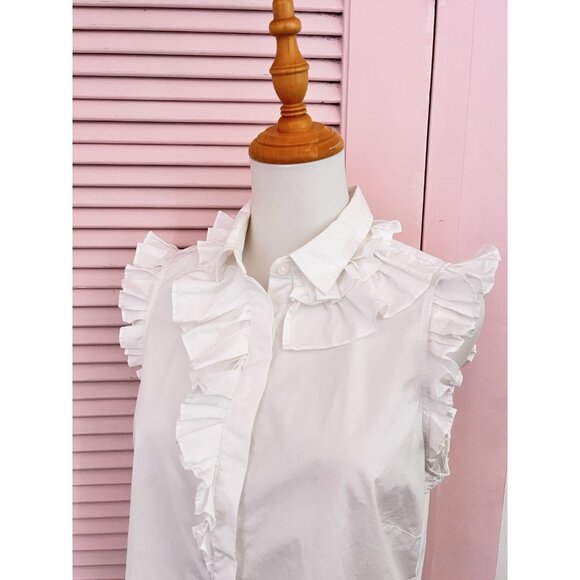 Banana Republic Size 10 Top White Sleeveless Riley Ruffle Stretch Cotton Buttons - Picture 2 of 15